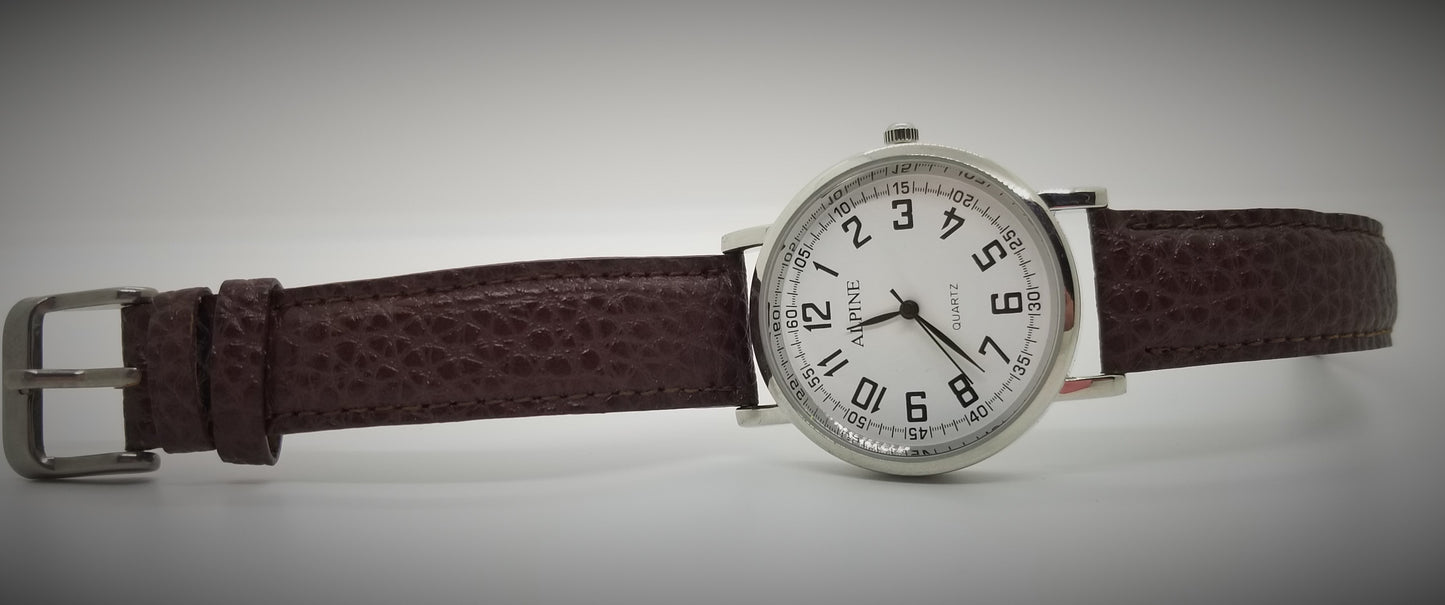 Silver base metal fashion watch with large numbers and brown strap