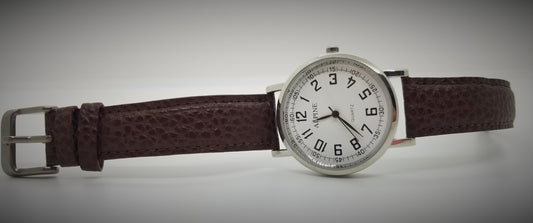 Silver base metal fashion watch with large numbers and brown strap