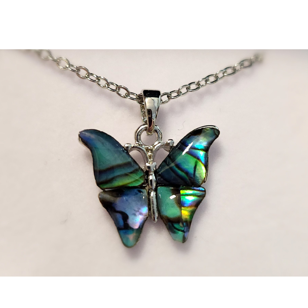 Nature's 1 Abalone stone butterfly pendant and 18" chain