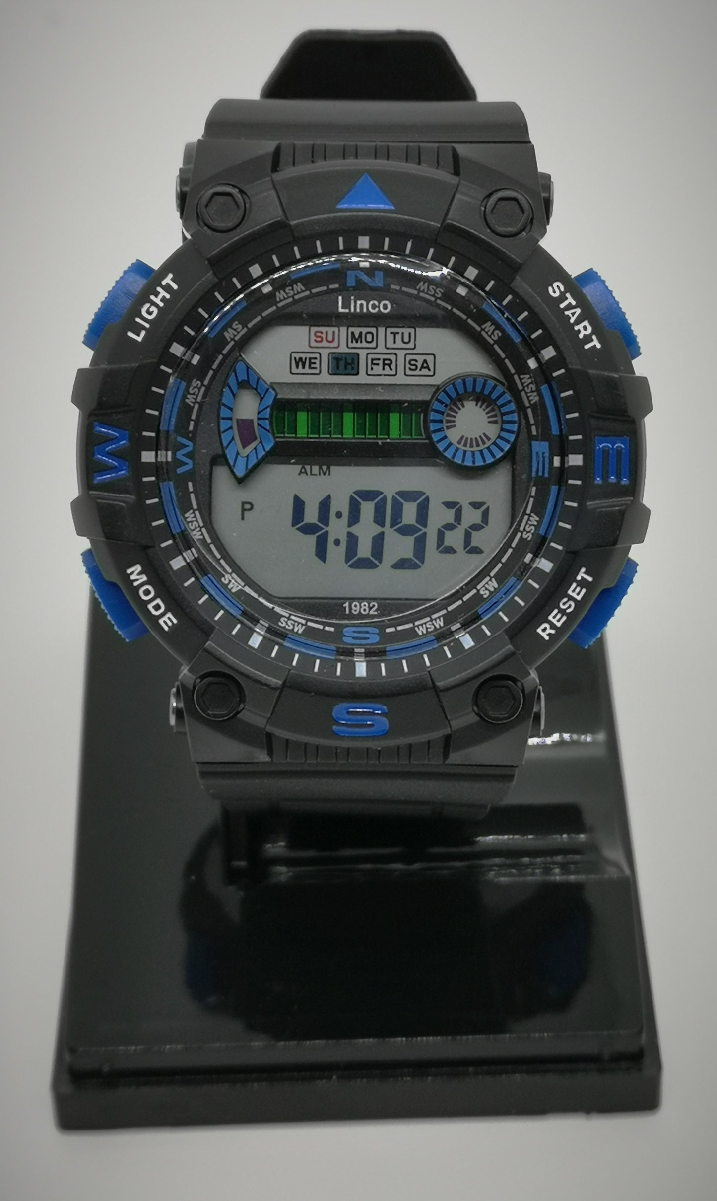 Digital black and blue watch with large 4.5cm face