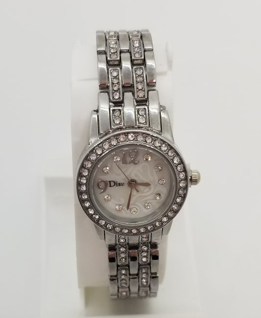 Silver base metal watch with rhinestones in bezel and strap