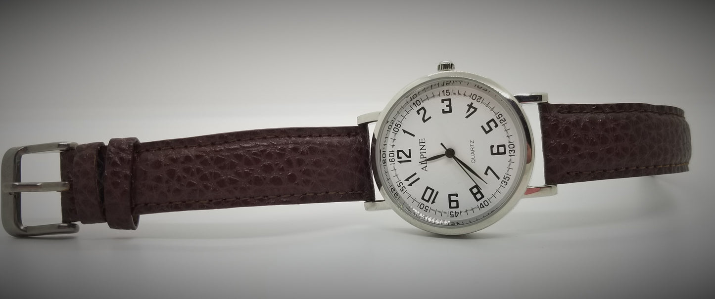 Silver base metal  fashion watch with large numbers and brown strap