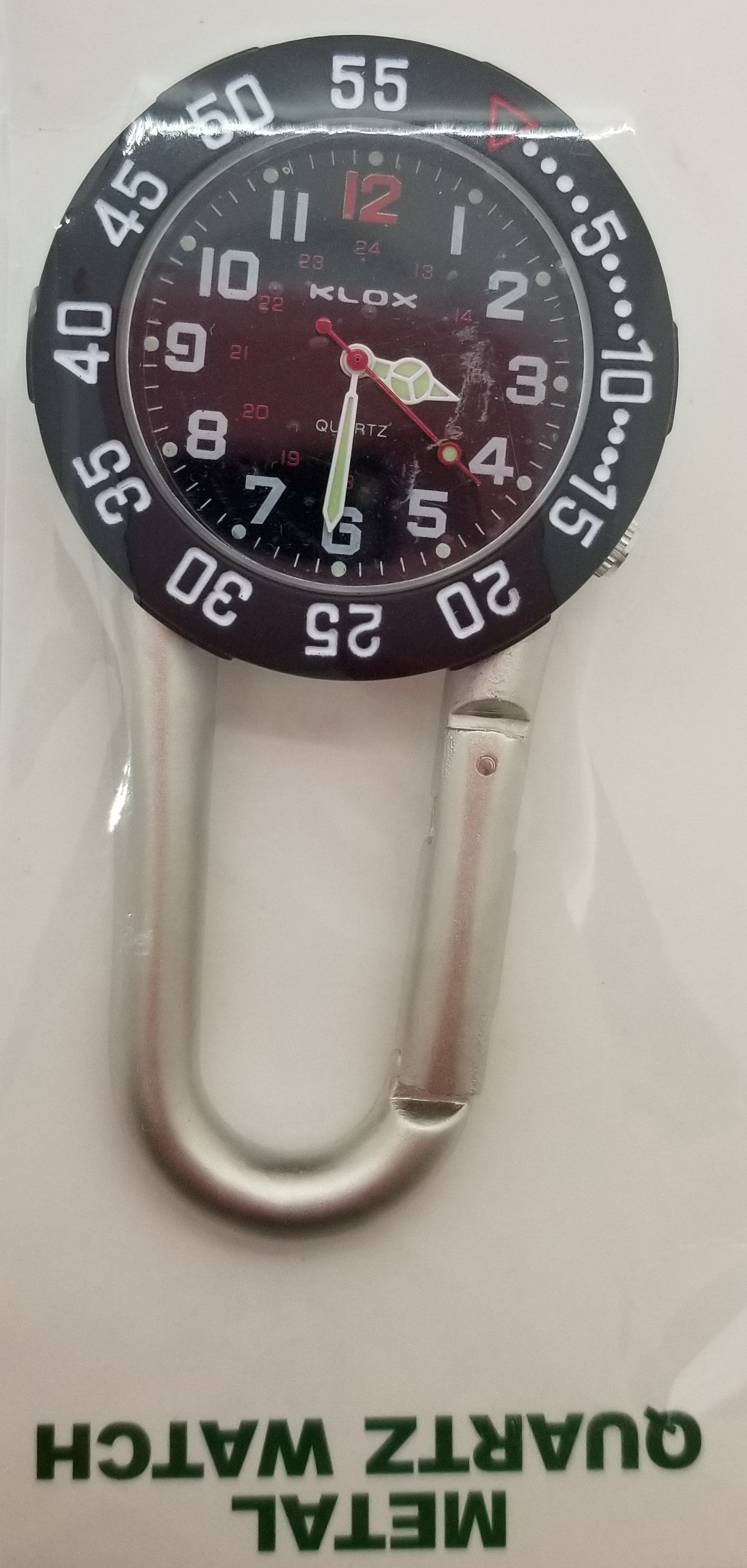 Silver clip on watch with black dial and white large numbers