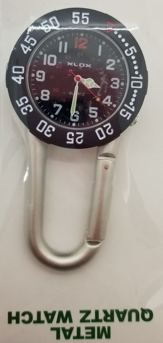 Silver clip on watch with black dial and white large numbers